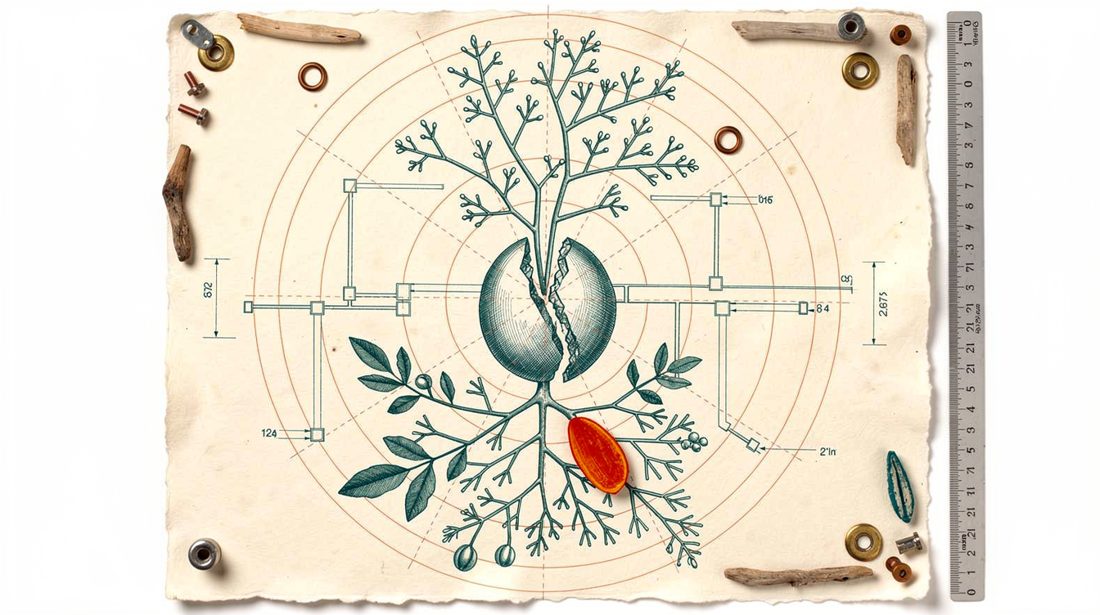 An engraved seed cracking open into a branching tree over concentric blueprint rings — the meristem, the growing tip.